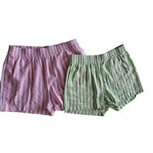 Lot of 2 Linen Bld L Old Navy Striped Lounge Shorts Pink & Green Elastic Waist